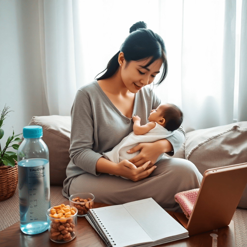 A new mother gently cradles her newborn in a cozy, well-lit room filled with wellness symbols like a water bottle, fruits, nuts, and a journal, rad...